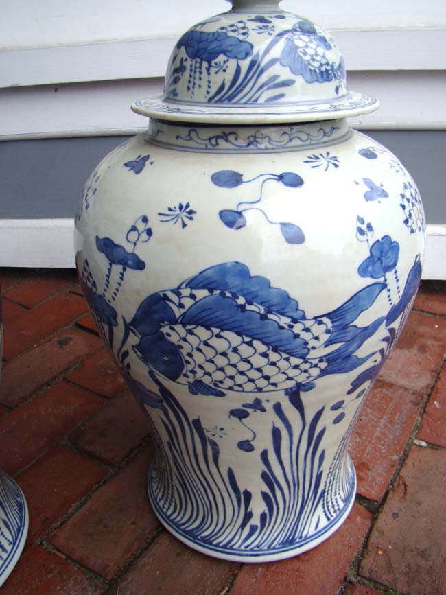 An attractive pair of    Chinese Temple Jars in Koi fish motif, 20th century — image 2